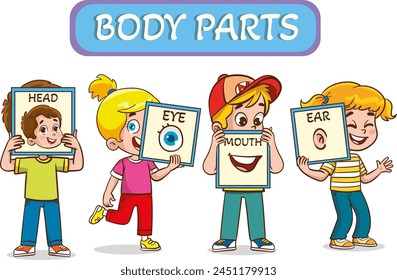 Ilustración vectorial de niños pequeños que sostienen tarjetas sobre 5 sentidos. Ilustración vectorial de niños pequeños que muestran partes del cuerpo