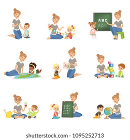 Cute little boys and girls playing and studying set, children study the alphabet, geography, biology, mathematics in kindergarten, pre primary school education concept vector Illustrations