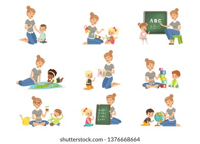 Cute little boys and girls playing and studying set, children study the alphabet, geography, biology, mathematics in kindergarten, pre primary school education concept vector Illustrations