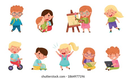 Cute Little Boys and Girls Playing Toys and Having Fun Vector Set