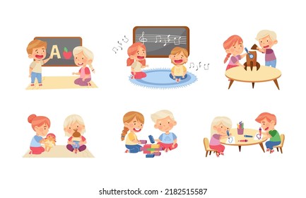 Cute Little Boys And Girls Playing And Learning In Kindergarten Set. Preschool Activities And Early Education For Kids Cartoon Vector Illustration