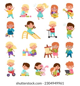 Cute Little Boys and Girls Playing Toys and Having Fun Big Vector Set