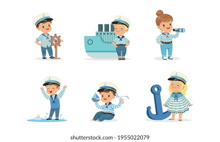 Cute Little Boys and Girls in Sailor Costumes Set Cartoon Vector Illustration