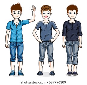 Cute little boys group standing wearing different casual clothes. Vector set of beautiful kids illustrations. Childhood and family lifestyle clip art.