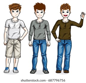 Cute little boys group standing wearing different casual clothes. Vector set of beautiful kids illustrations.