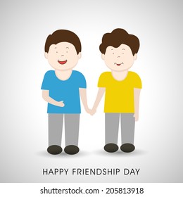 Cute little boys holding hands on shiny grey background for Happy Friendship Day celebrations. 