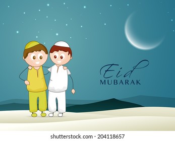 Cute little boys hugging each other in night background for muslim community festival Eid Mubarak celebrations. 