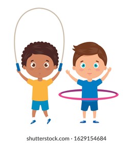 cute little boys with jump rope and hula hula vector illustration design