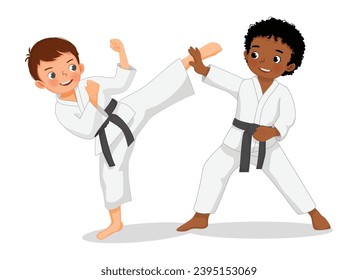 Niños pequeños chicos de karate entrenando arte marcial 