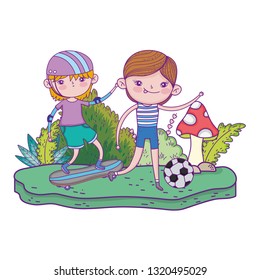 cute little boys mounted in skateboard and playing soccer