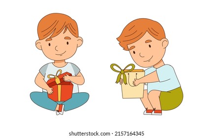 Cute little boys opening gift boxes decorated with ribbon bow cartoon vector illustration