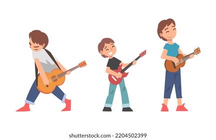 Cute little boys playing guitars set. Talented young musicians characters cartoon vector illustration