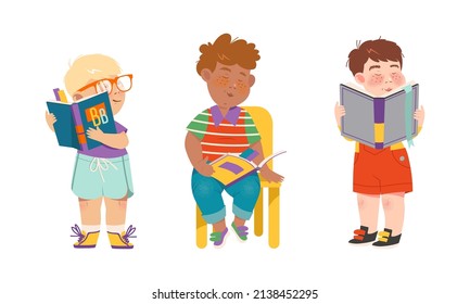 Cute little boys reading books set. Young literature fans. Preschool activities and childhood education cartoon vector illustration