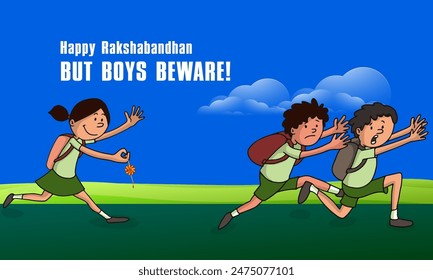 Cute little boys running fast from girl who wants to tying them rakhi, Creative illustration for Indian festival, Raksha Bandhan celebration.