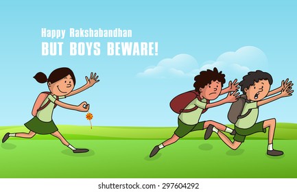Cute little boys running fast from a girl who wants to tying them rakhi, Creative illustration for Indian festival, Raksha Bandhan celebration.