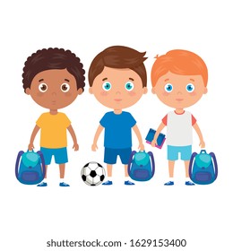 cute little boys with school bag and soccer ball vector illustration design