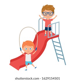 cute little boys with slide and rope jump vector illustration design