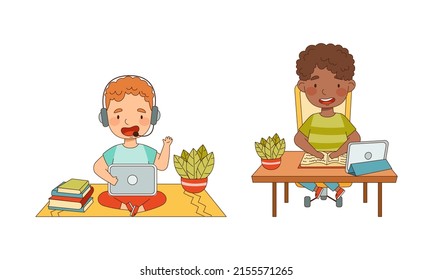 Cute little boys studying at home using laptop computer. Online education and e-learning cartoon vector illustration