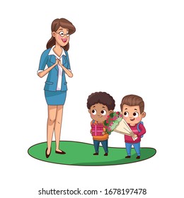 cute little boys with teacher avatars characters vector illustration design