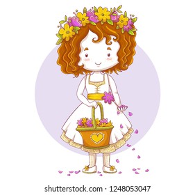 Cute little bridesmaid character drawing. Flower girl holding a basket and scattering petals. Vector illustration isolated on violet circle and white background.