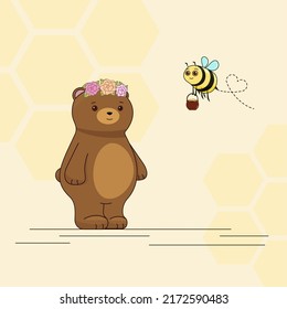 Cute little brown bear and a bee with a pot of honey. Children's vector illustration, character