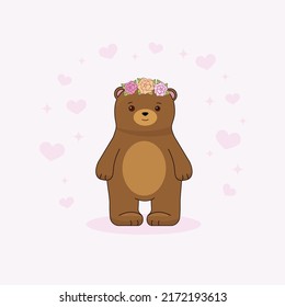 Cute little brown bear with flowers on a pink background with hearts. Children's vector illustration, character
