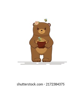 Cute little brown bear with a pot of honey and bees. Children's vector illustration, character