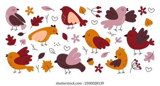 Cute little brown birds characters and autumn maple and oak leaves, berries on branch set isolated set on white background. Forest birdie flying singing autumnal songs childish vector illustration