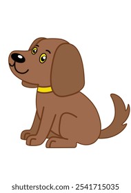 Cute little brown puppy in a collar sits - vector image. Sitting Doggie cute, children's drawing with a pet