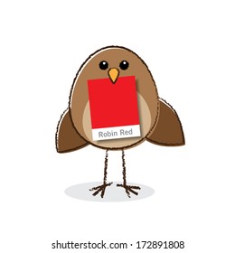 Cute little brown Robin holding a Red Colour Swatch in it's beak