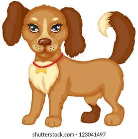 Cute little brown spotted dog stands and wags its tail