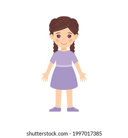 Cute Little Brunette Girl with Pigtails is standing in a dress and shoes. Happy Child Smiles. Female Character full length. Flat color cartoon style. White background. Vector stock illustration.