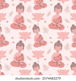 Cute little Buddha in lotus pose seamless pattern