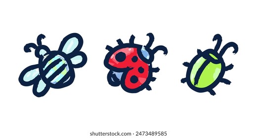 Cute little bugs hand drawn doodle illustration set. Funny insects with wings and whiskers color characters on white background. Nature habitat