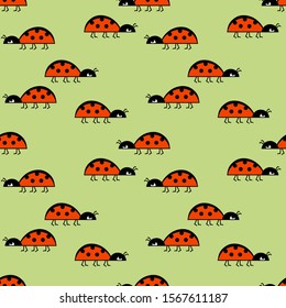 Cute little bugs, ladybugs, vector seamless background. Doodle insects. For children's textiles, bedding, wrapping paper and other surfaces.
