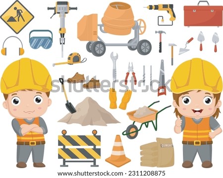 Cute little builder kids with construction tools