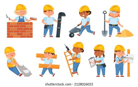 Cute little builders in uniform, kids with construction tools. Cartoon children characters in hard hat working at building site vector set. Illustration of construction uniform, helmet and worker