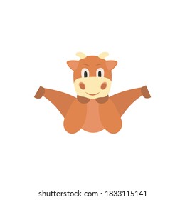 a cute little bull or cow with its legs spread out and its hands propped up on its head. The bull is a symbol of the new year 2021 according to the Eastern calendar. Vector stock flat illustration iso