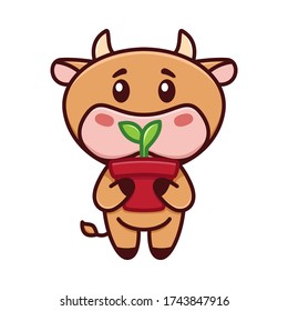 Cute little bull is holding a pot of sprout. The cow is gardening. Vector illustration. Funny logo. Cute childish picture with little bull, cow, taurus, calf character. Symbol of 2021.