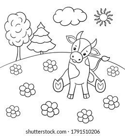 Cute little bull sitting in a meadow, coloring page. Vector illustration