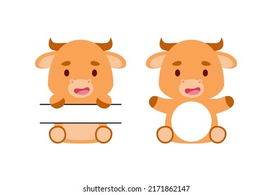 Cute little bull split monogram. Funny cartoon character for kids t-shirts, nursery decoration, baby shower, greeting cards, invitations, scrapbooking, home decor. Vector stock illustration