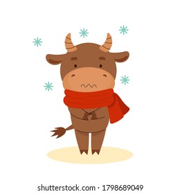 A cute little bull stands frozen. Snowflakes around. Happy New Year. Chinese new year symbol.Christmas card. 2021 year. Flat vector cartoon illustration isolated on white background