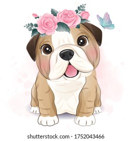 Cute little Bulldog with floral illustration