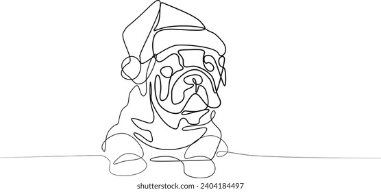 Cute little bulldog wearing a Santa Claus hat. The dog is ready for the New Year. Outline dog, one line