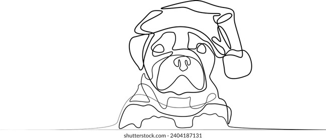 Cute little bulldog wearing a Santa Claus hat. The dog is ready for the New Year. Outline dog, one line