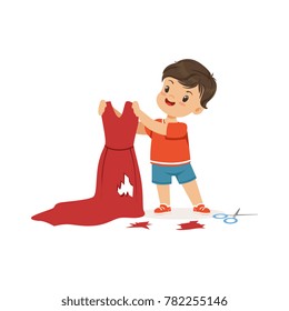 Cute little bully boy cutting red mothers dress, hoodlum cheerful little kid, bad child behavior vector Illustration