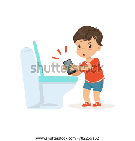 Cute little bully boy throwing phone into the toilet, hoodlum cheerful little kid, bad child behavior vector Illustration