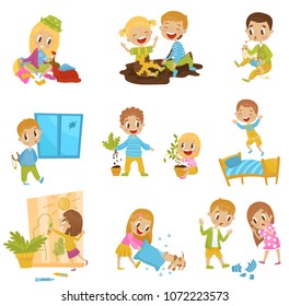 Cute little bully kids set, hoodlum cheerful children, bad child behavior vector Illustrations on a white background