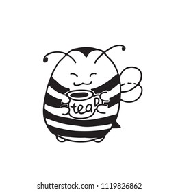 Cute little Bumblebee ink hand drawn sketch vector illustration. Happy fat bumblebee with a Cup of tea. Bee icon. Print art sketch bees. Bee sign isolated on white background illustration