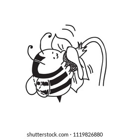 Cute little Bumblebee ink hand drawn sketch vector illustration. Fat bumblebee hanging on to the flower. Bee icon. Print art sketch bees. Bee sign isolated on white back